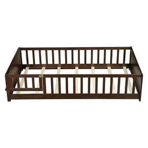 English Elm Twin Floor Bed for Kids with Rubberwood Frame Guardrail and Built-In Book Rack Espresso Twin With Door W504P499705