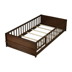 English Elm Twin Floor Bed for Kids with Rubberwood Frame Guardrail and Built-In Book Rack Espresso Twin With Door W504P499705