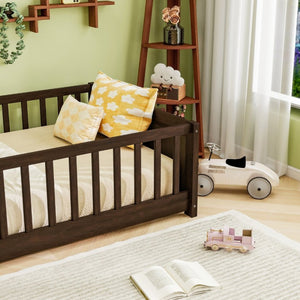 English Elm Twin Floor Bed for Kids with Rubberwood Frame Guardrail and Built-In Book Rack Espresso Twin With Door W504P499705