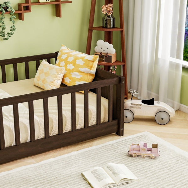 English Elm Twin Floor Bed for Kids with Rubberwood Frame Guardrail and Built-In Book Rack Espresso Twin With Door W504P499705