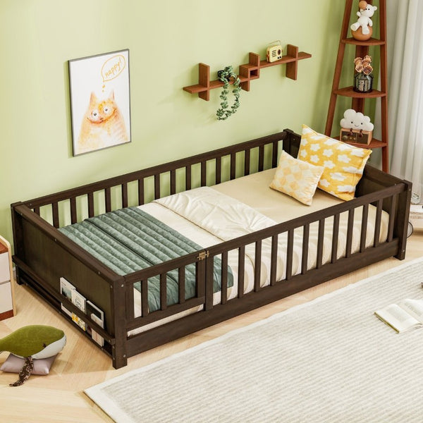English Elm Twin Floor Bed for Kids with Rubberwood Frame Guardrail and Built-In Book Rack Espresso Twin With Door W504P499705