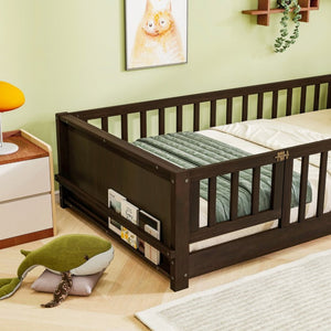 English Elm Twin Floor Bed for Kids with Rubberwood Frame Guardrail and Built-In Book Rack Espresso Twin With Door W504P499705