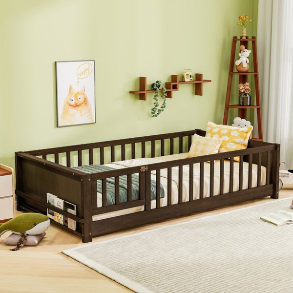English Elm Twin Floor Bed for Kids with Rubberwood Frame Guardrail and Built-In Book Rack Espresso Twin With Door W504P499705