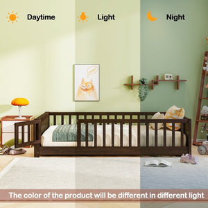 English Elm Twin Floor Bed for Kids with Rubberwood Frame Guardrail and Built-In Book Rack Espresso Twin With Door W504P499705
