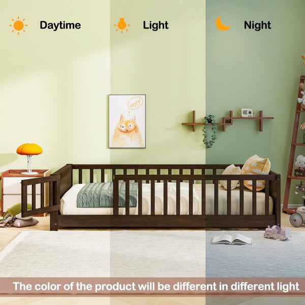 English Elm Twin Floor Bed for Kids with Rubberwood Frame Guardrail and Built-In Book Rack Espresso Twin With Door W504P499705