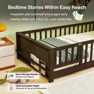 English Elm Twin Floor Bed for Kids with Rubberwood Frame Guardrail and Built-In Book Rack Espresso Twin With Door W504P499705