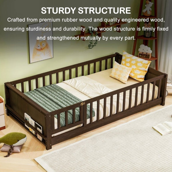 English Elm Twin Floor Bed for Kids with Rubberwood Frame Guardrail and Built-In Book Rack Espresso Twin With Door W504P499705