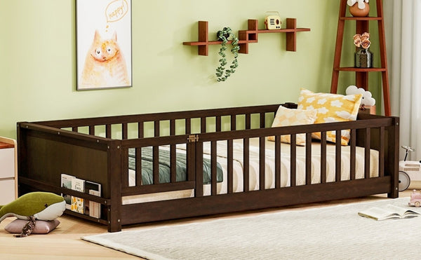 English Elm Twin Floor Bed for Kids with Rubberwood Frame Guardrail and Built-In Book Rack Espresso Twin With Door W504P499705