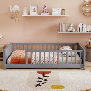 English Elm Twin Floor Bed for Kids with Rubberwood Frame Guardrail and Built-In Book Rack Grey Full Without Door W504P499732
