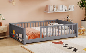 English Elm Twin Floor Bed for Kids with Rubberwood Frame Guardrail and Built-In Book Rack Grey Full Without Door W504P499732