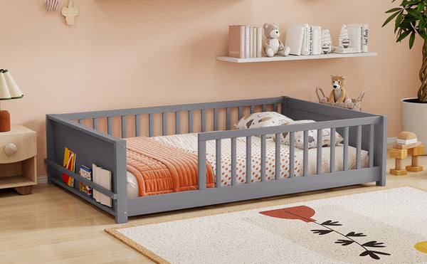 English Elm Twin Floor Bed for Kids with Rubberwood Frame Guardrail and Built-In Book Rack Grey Full Without Door W504P499732