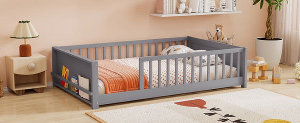 English Elm Twin Floor Bed for Kids with Rubberwood Frame Guardrail and Built-In Book Rack Grey Full Without Door W504P499732