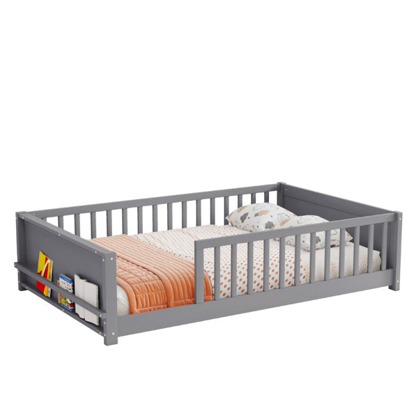 English Elm Twin Floor Bed for Kids with Rubberwood Frame Guardrail and Built-In Book Rack Grey Full Without Door W504P499732