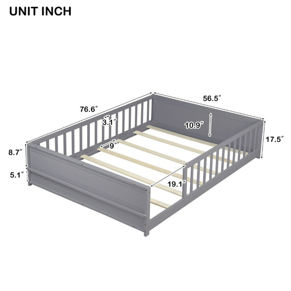English Elm Twin Floor Bed for Kids with Rubberwood Frame Guardrail and Built-In Book Rack Grey Full Without Door W504P499732
