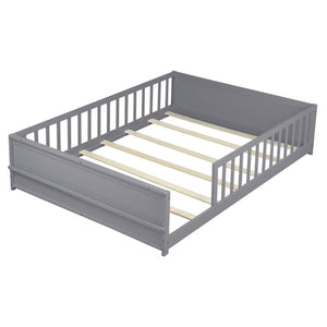English Elm Twin Floor Bed for Kids with Rubberwood Frame Guardrail and Built-In Book Rack Grey Full Without Door W504P499732