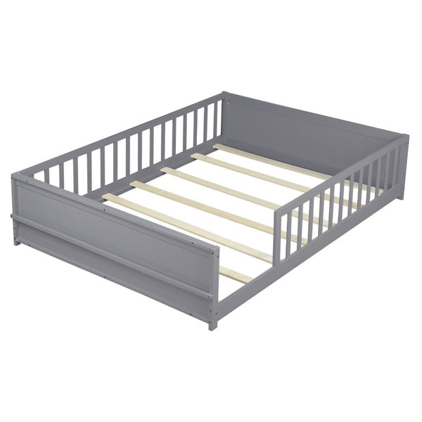 English Elm Twin Floor Bed for Kids with Rubberwood Frame Guardrail and Built-In Book Rack Grey Full Without Door W504P499732