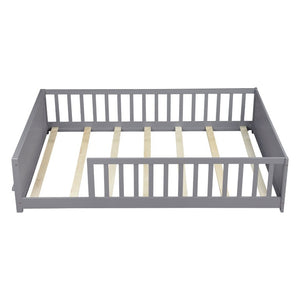 English Elm Twin Floor Bed for Kids with Rubberwood Frame Guardrail and Built-In Book Rack Grey Full Without Door W504P499732