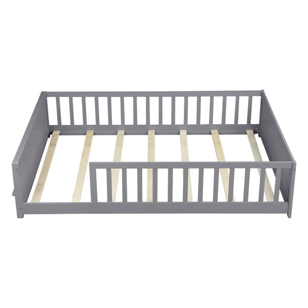 English Elm Twin Floor Bed for Kids with Rubberwood Frame Guardrail and Built-In Book Rack Grey Full Without Door W504P499732