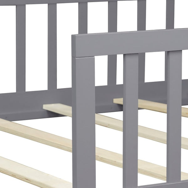 English Elm Twin Floor Bed for Kids with Rubberwood Frame Guardrail and Built-In Book Rack Grey Full Without Door W504P499732