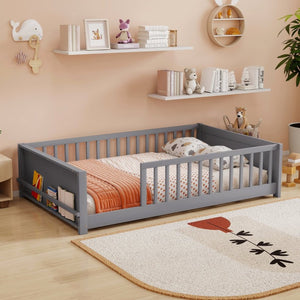 English Elm Twin Floor Bed for Kids with Rubberwood Frame Guardrail and Built-In Book Rack Grey Full Without Door W504P499732