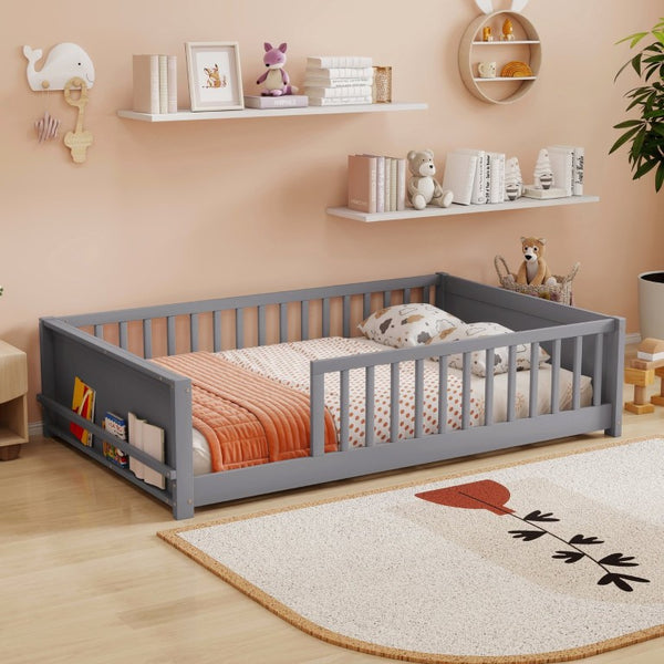 English Elm Twin Floor Bed for Kids with Rubberwood Frame Guardrail and Built-In Book Rack Grey Full Without Door W504P499732