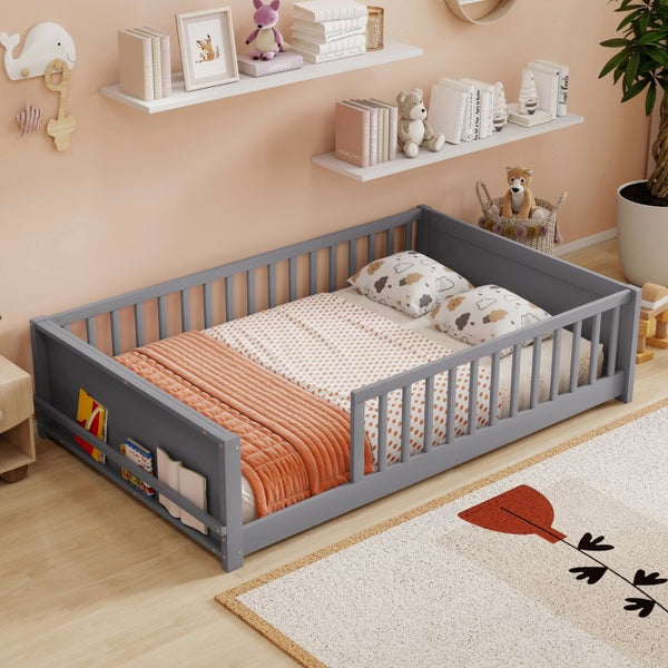 English Elm Twin Floor Bed for Kids with Rubberwood Frame Guardrail and Built-In Book Rack Grey Full Without Door W504P499732