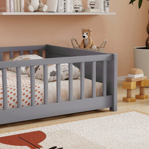 English Elm Twin Floor Bed for Kids with Rubberwood Frame Guardrail and Built-In Book Rack Grey Full Without Door W504P499732