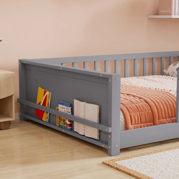 English Elm Twin Floor Bed for Kids with Rubberwood Frame Guardrail and Built-In Book Rack Grey Full Without Door W504P499732
