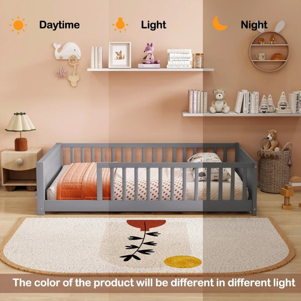 English Elm Twin Floor Bed for Kids with Rubberwood Frame Guardrail and Built-In Book Rack Grey Full Without Door W504P499732