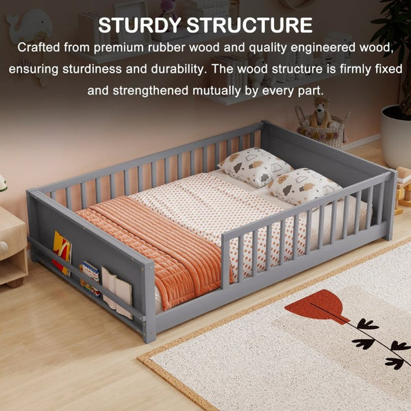 English Elm Twin Floor Bed for Kids with Rubberwood Frame Guardrail and Built-In Book Rack Grey Full Without Door W504P499732
