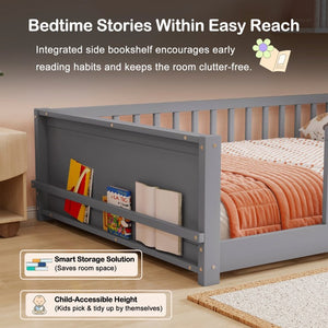 English Elm Twin Floor Bed for Kids with Rubberwood Frame Guardrail and Built-In Book Rack Grey Full Without Door W504P499732