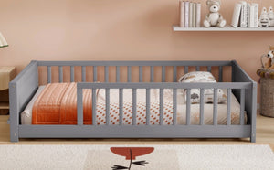 English Elm Twin Floor Bed for Kids with Rubberwood Frame Guardrail and Built-In Book Rack Grey Full Without Door W504P499732