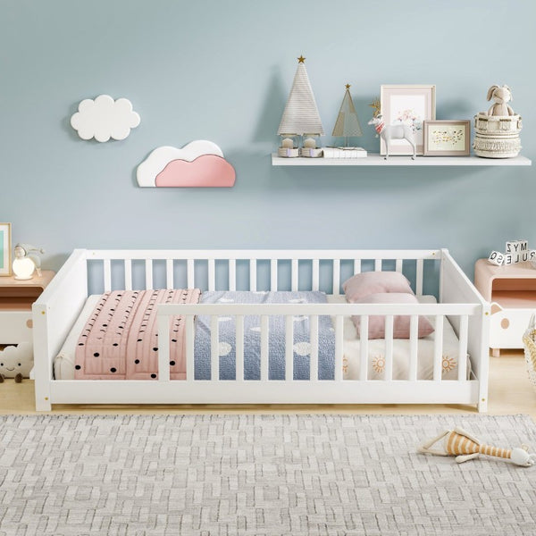 English Elm Twin Floor Bed for Kids with Rubberwood Frame Guardrail and Built-In Book Rack White Full Without Door W504P499734