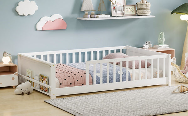 English Elm Twin Floor Bed for Kids with Rubberwood Frame Guardrail and Built-In Book Rack White Full Without Door W504P499734