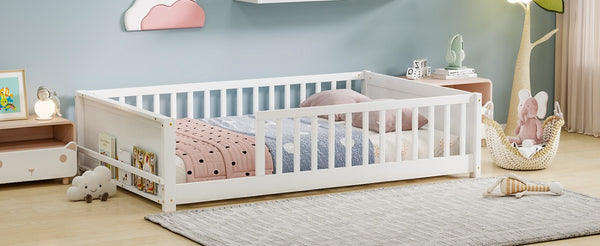 English Elm Twin Floor Bed for Kids with Rubberwood Frame Guardrail and Built-In Book Rack White Full Without Door W504P499734