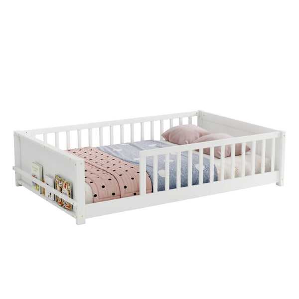 English Elm Twin Floor Bed for Kids with Rubberwood Frame Guardrail and Built-In Book Rack White Full Without Door W504P499734