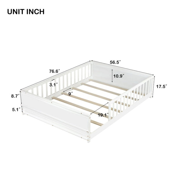 English Elm Twin Floor Bed for Kids with Rubberwood Frame Guardrail and Built-In Book Rack White Full Without Door W504P499734