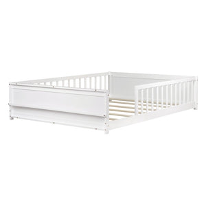 English Elm Twin Floor Bed for Kids with Rubberwood Frame Guardrail and Built-In Book Rack White Full Without Door W504P499734