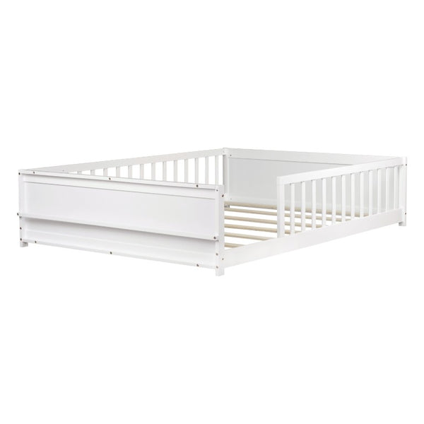 English Elm Twin Floor Bed for Kids with Rubberwood Frame Guardrail and Built-In Book Rack White Full Without Door W504P499734