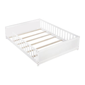 English Elm Twin Floor Bed for Kids with Rubberwood Frame Guardrail and Built-In Book Rack White Full Without Door W504P499734