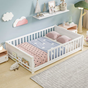 English Elm Twin Floor Bed for Kids with Rubberwood Frame Guardrail and Built-In Book Rack White Full Without Door W504P499734
