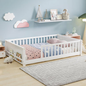 English Elm Twin Floor Bed for Kids with Rubberwood Frame Guardrail and Built-In Book Rack White Full Without Door W504P499734