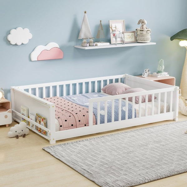 English Elm Twin Floor Bed for Kids with Rubberwood Frame Guardrail and Built-In Book Rack White Full Without Door W504P499734