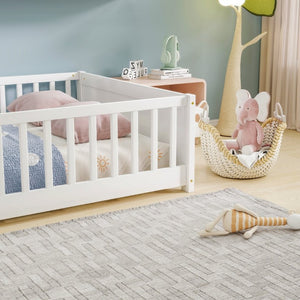 English Elm Twin Floor Bed for Kids with Rubberwood Frame Guardrail and Built-In Book Rack White Full Without Door W504P499734