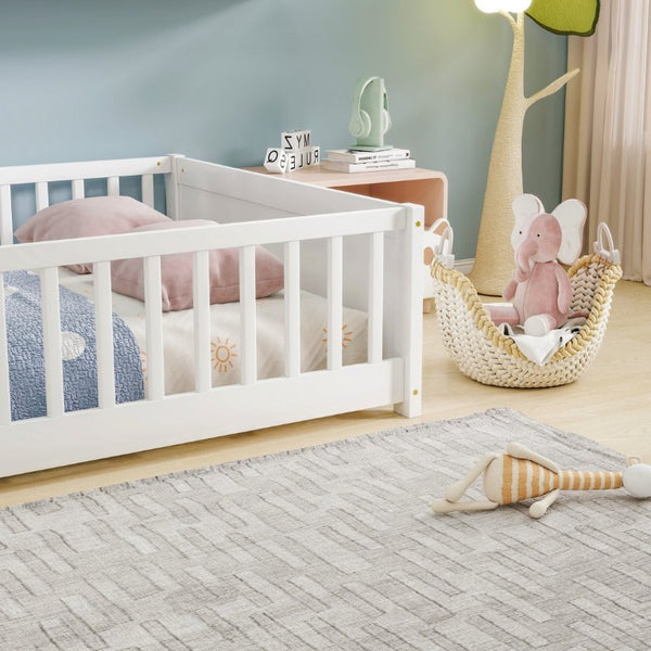 English Elm Twin Floor Bed for Kids with Rubberwood Frame Guardrail and Built-In Book Rack White Full Without Door W504P499734
