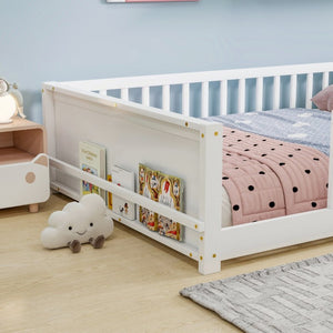 English Elm Twin Floor Bed for Kids with Rubberwood Frame Guardrail and Built-In Book Rack White Full Without Door W504P499734