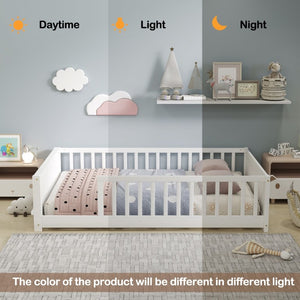 English Elm Twin Floor Bed for Kids with Rubberwood Frame Guardrail and Built-In Book Rack White Full Without Door W504P499734
