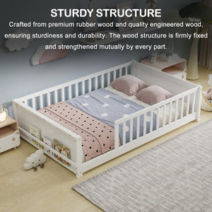 English Elm Twin Floor Bed for Kids with Rubberwood Frame Guardrail and Built-In Book Rack White Full Without Door W504P499734