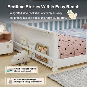 English Elm Twin Floor Bed for Kids with Rubberwood Frame Guardrail and Built-In Book Rack White Full Without Door W504P499734