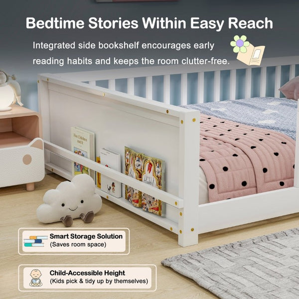 English Elm Twin Floor Bed for Kids with Rubberwood Frame Guardrail and Built-In Book Rack White Full Without Door W504P499734
